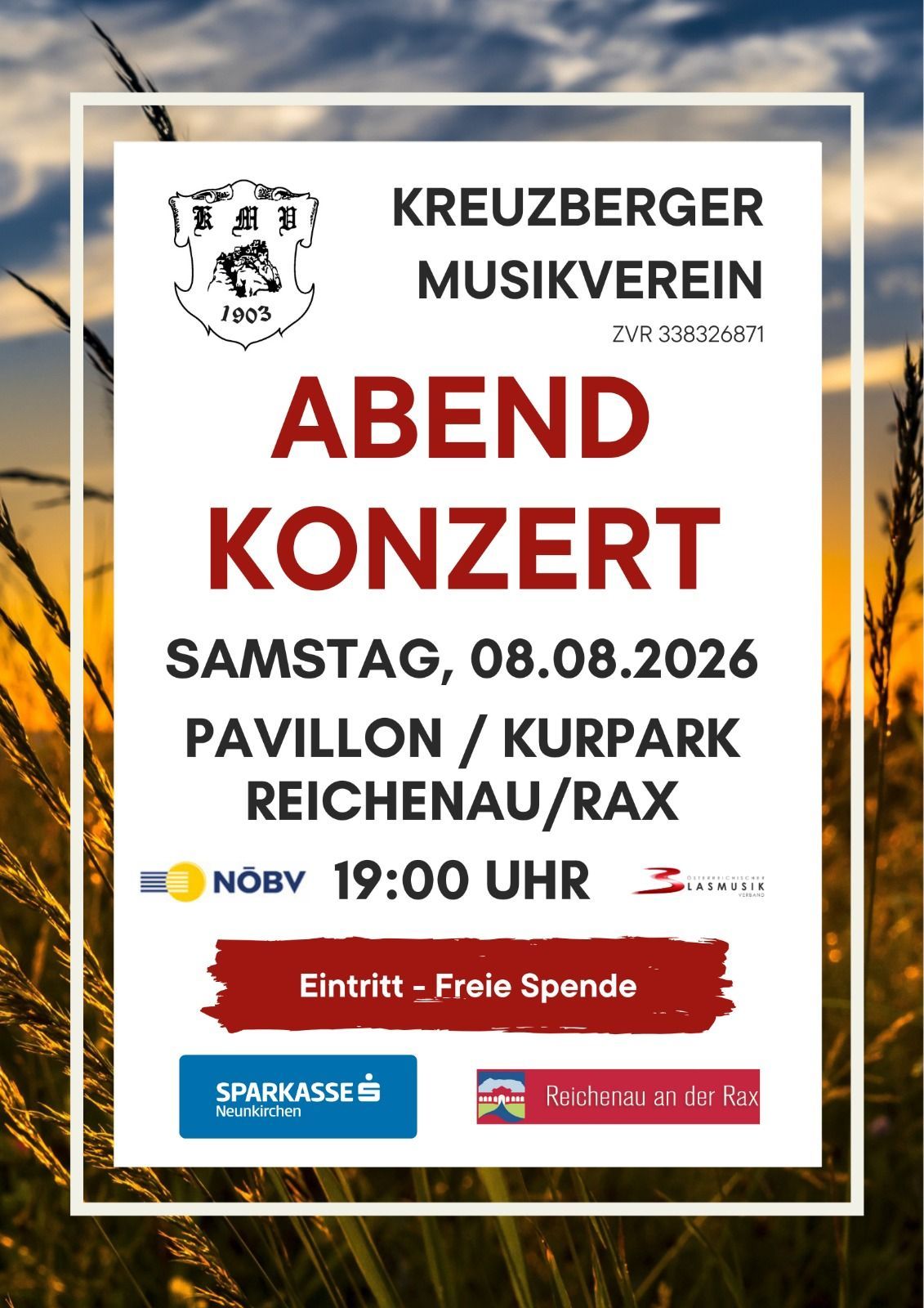 Plakat für das Abendkonzert des Kreuzberger Musikvereins am 08.08.2026 im Pavillon/Kurpark Reichenau/Rax, Beginn um 19:00 Uhr. Eintritt frei.