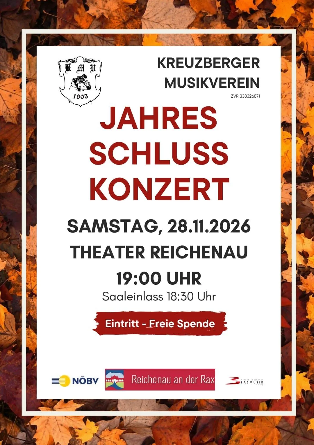 Ein Plakat für das Jahresschlusskonzert des Kreuzberger Musikvereins am Samstag, 28. November 2026, im Theater Reichenau, Beginn um 19:00 Uhr. Das Plakat hat einen weißen Hintergrund mit Herbstblättern und einem Logo.