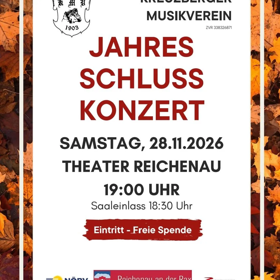 Ein Plakat für das Jahresschlusskonzert des Kreuzberger Musikvereins am Samstag, 28. November 2026, im Theater Reichenau, Beginn um 19:00 Uhr. Das Plakat hat einen weißen Hintergrund mit Herbstblättern und einem Logo.
