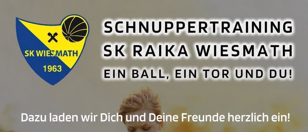 Ein Plakat für ein Fußballtraining für Kinder, das einen Jungen zeigt, der einen Fußball auf einem grünen Feld kickt. Die Veranstaltung ist für zwei Mittwoche, den 16. und 23. September 2026, von 17:00 bis 18:00 Uhr auf dem Sportplatz Wiesmath geplant.