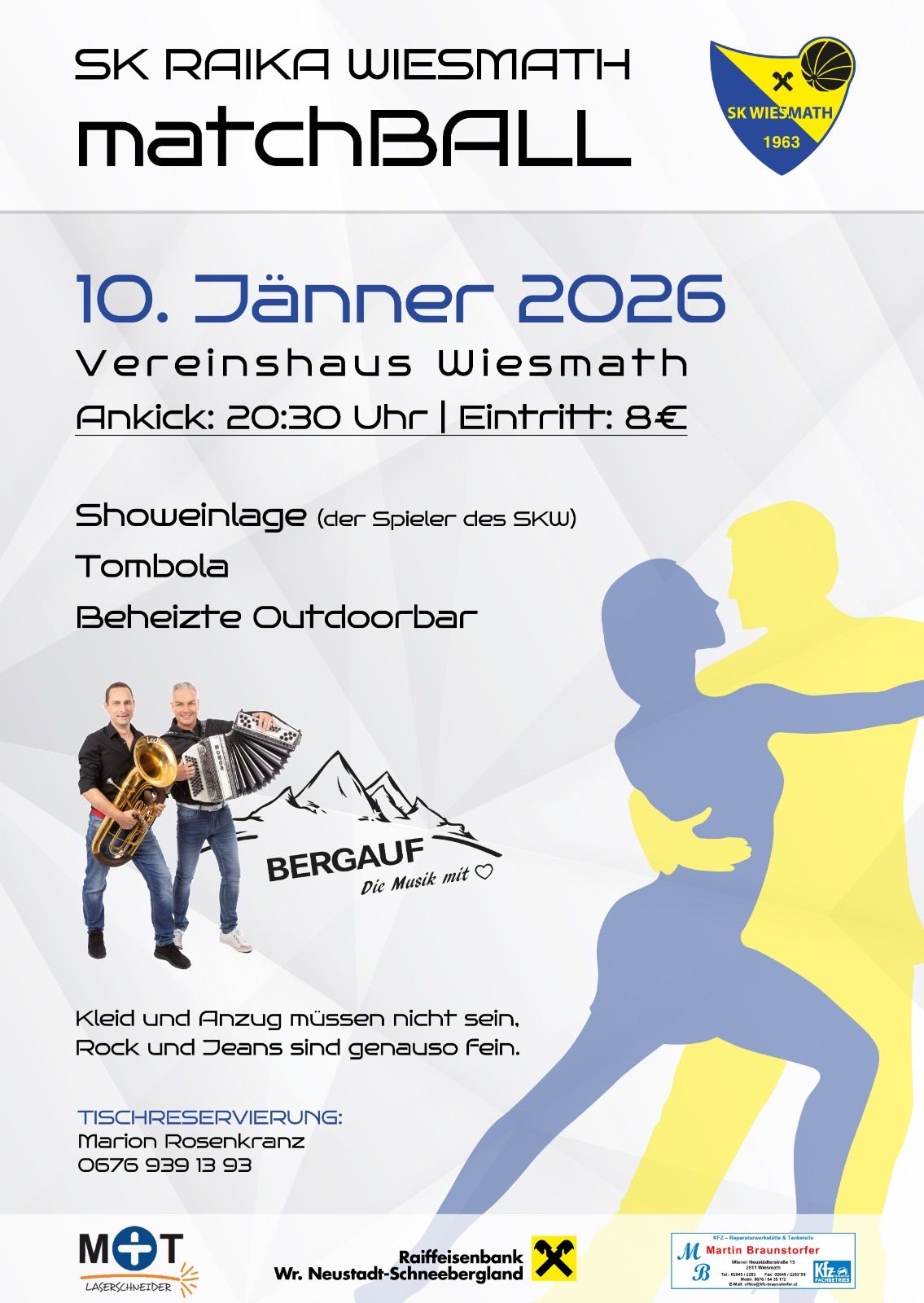 Plakat für eine Veranstaltung im Vereinshaus Wiesmath am 10. Januar 2026. Eintritt um 20:30 Uhr, Eintritt 8€. Zwei Männer spielen Instrumente, einer hält eine Saxophon, der andere ein Akkordeon. Eine Outdoor-Bar ist abgebildet.