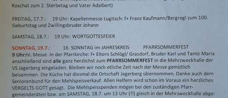 A document with a list of religious events and masses, including names of individuals and dates. It also mentions a requirement for at least 20 registrations for a JS-Lager.