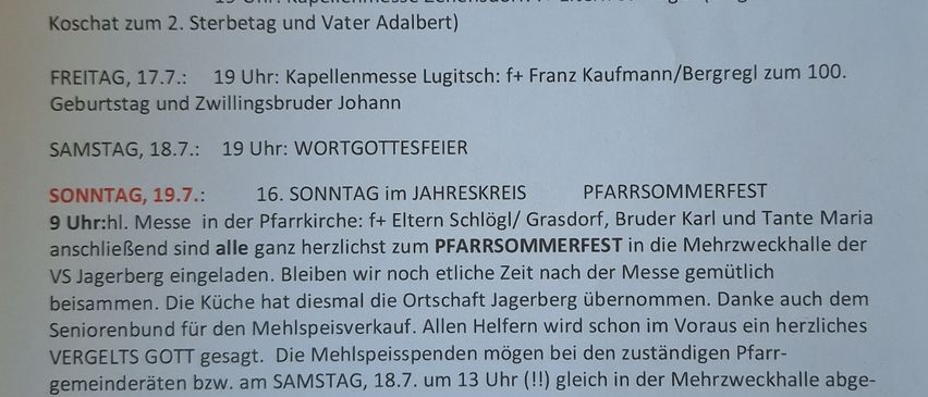 Ein Dokument mit einer Liste religiöser Veranstaltungen und Messen, einschließlich Namen von Personen und Daten. Es wird auch eine Anforderung von mindestens 20 Anmeldungen für ein JS-Lager erwähnt.