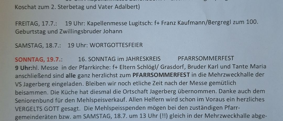 Ein Dokument mit einer Liste religiöser Veranstaltungen und Messen, einschließlich Namen von Personen und Daten. Es wird auch eine Anforderung von mindestens 20 Anmeldungen für ein JS-Lager erwähnt.