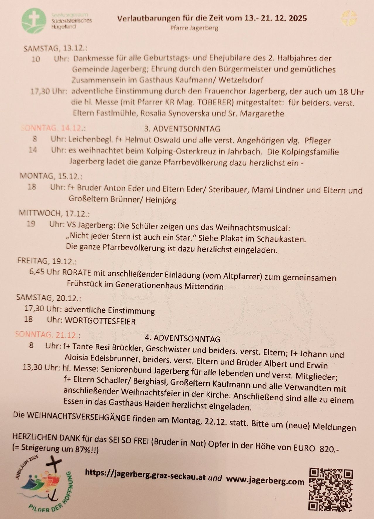 Dokument zeigt verschiedene Termine und Zeiten mit kirchenbezogenen Veranstaltungen, einschließlich Treffen, Messen und weihnachtlichen Aktivitäten. Bemerkenswerte Ereignisse sind Versammlungen im Gasthaus Kaufmann/Wetzendorf und Generationenhaus Mittendrin.