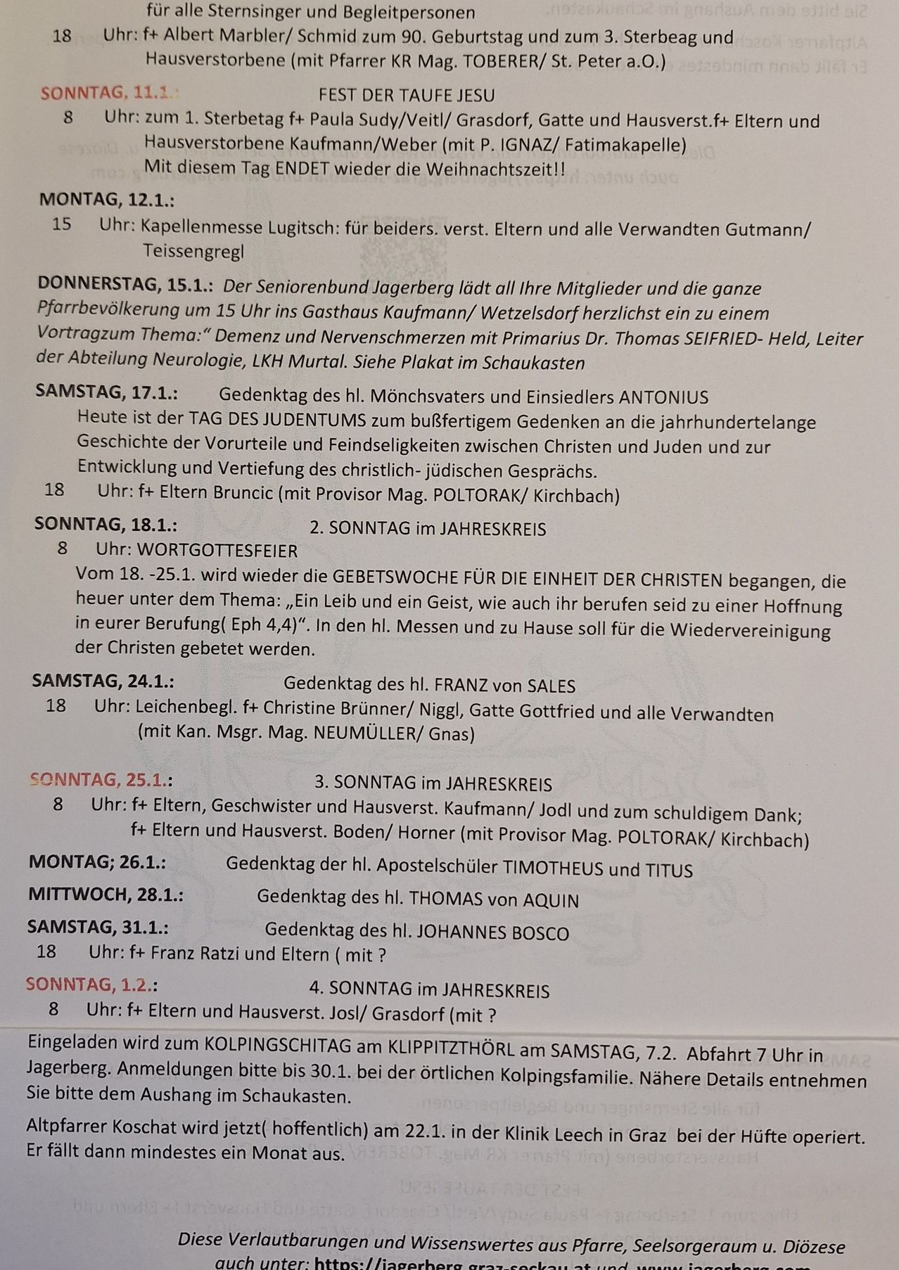 Ein Kalender mit verschiedenen religiösen Gottesdiensten und Veranstaltungen, einschließlich einer Kapellenmesse am Montag, einer Seniorenversammlung am Donnerstag, einer Gedenkfeier am Samstag und einem Gebetsdienst am Sonntag. Jeder Eintrag listet die Zeit, den Ort und die Teilnehmer auf.