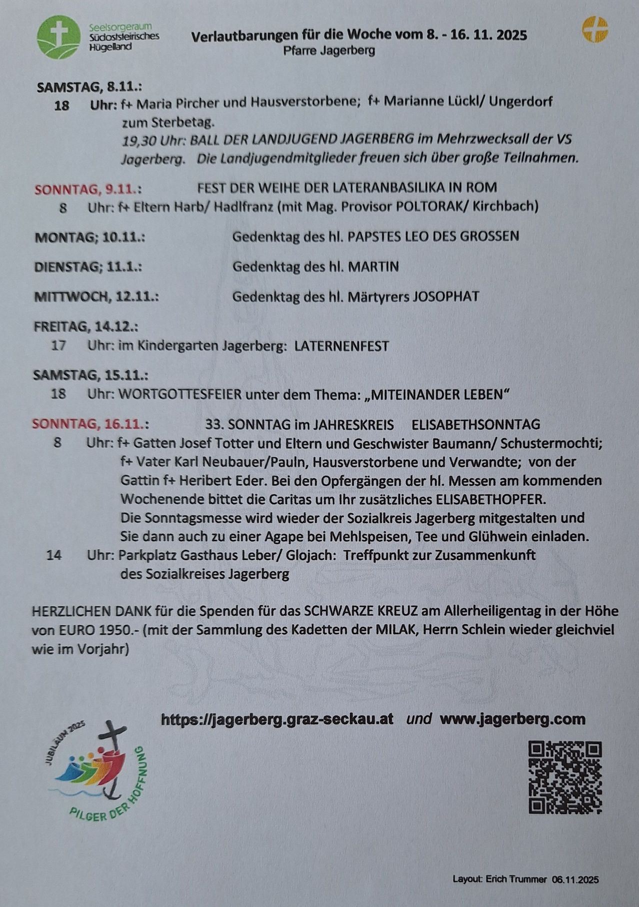 Ein Plakat listet bevorstehende Veranstaltungen für eine Gemeinschaft auf, einschließlich Daten und Beschreibungen für Aktivitäten wie einen Jugendball, Gedenkfeiern, ein Kindergartenfest und einen Wortgottesdienst. Es erwähnt auch ein Treffen für Allerheiligen und dankt den Spendern für ihre Beiträge.