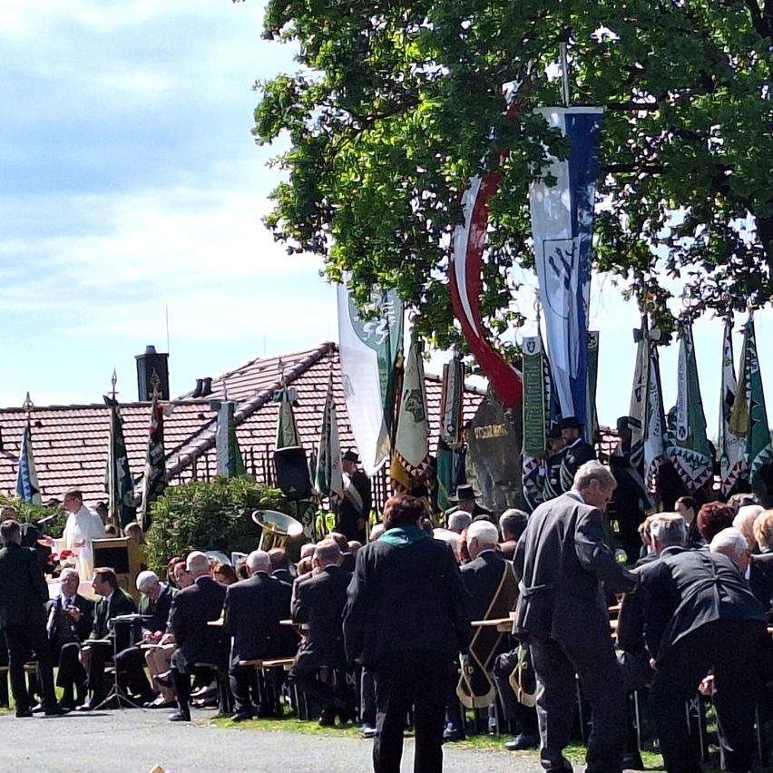 A group of people in formal attire are sitting on benches and standing under a tree. Flags are hanging on the tree, and a person in a white robe is standing in front of the podium.