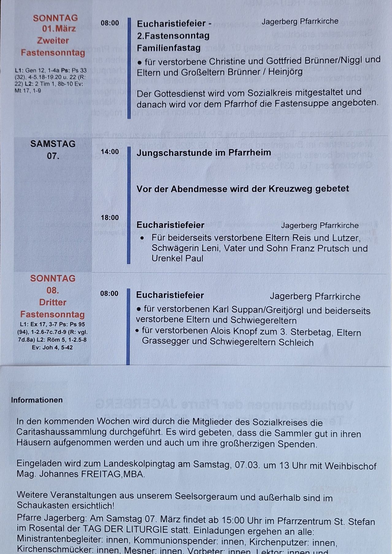 A document shows details of Saturday services and Eucharist celebrations at the Jagerberg Parish Church. The document includes times and dates, names of deceased individuals, and Mass details. It also mentions a charity collection by the social circle.