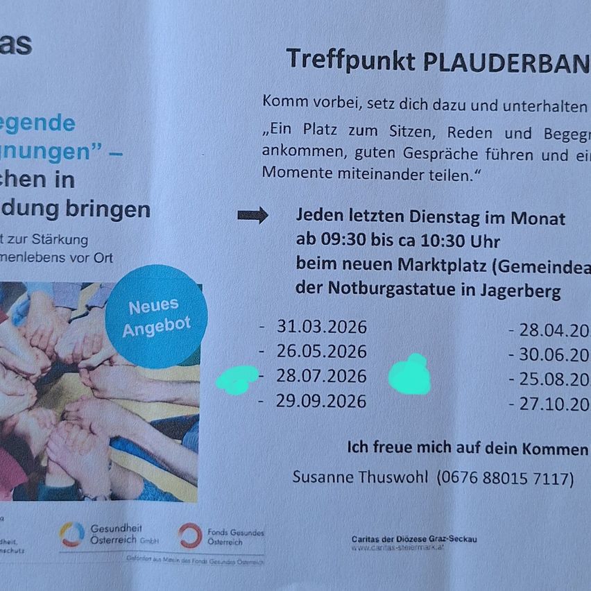 Ein Flyer mit einem blauen Kreis, der den Text 'Neues Angebot' und ein Foto von Händen zeigt, die sich treffen. Darunter eine Liste von Terminen für Treffen auf einem neuen Marktplatz in Jageberg. Der Flyer enthält auch den Namen und die Telefonnummer einer Kontaktperson.