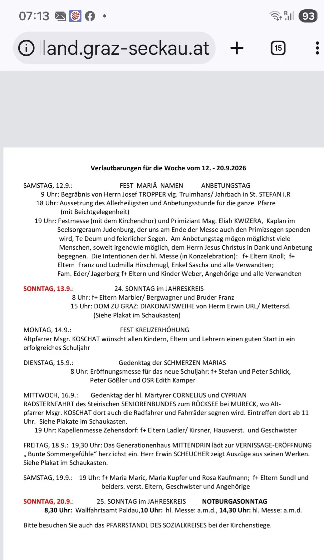 Ein Dokument mit einem Zeitplan für religiöse Veranstaltungen und Ereignisse für die Woche vom 12. bis 20. September 2026. Es enthält Details wie Uhrzeit, Ort und Art jeder Veranstaltung, wie eine Segenszeremonie, eine Feier des Allerheiligsten und eine Messe.