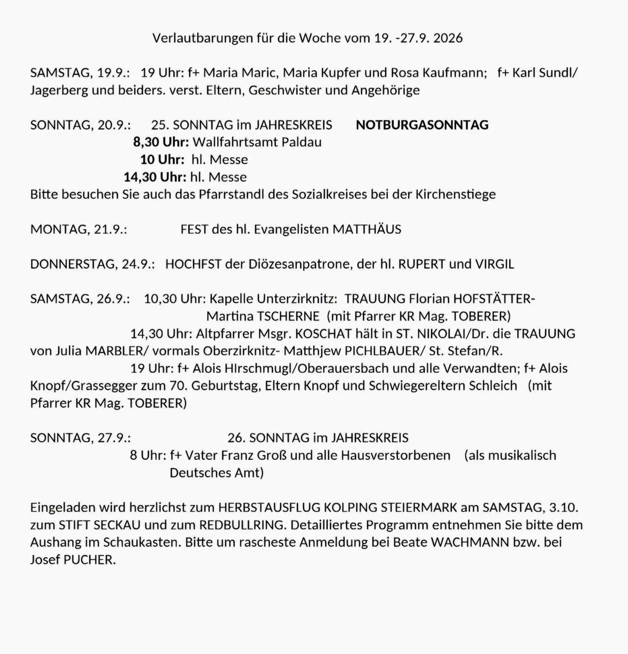 Wöchentlicher Veranstaltungskalender vom 19. bis 27. September 2026 mit verschiedenen Gottesdiensten, Hochzeiten und Feiern. Details zu jeder Veranstaltung wie Zeit, Teilnehmer und Ort werden angegeben.