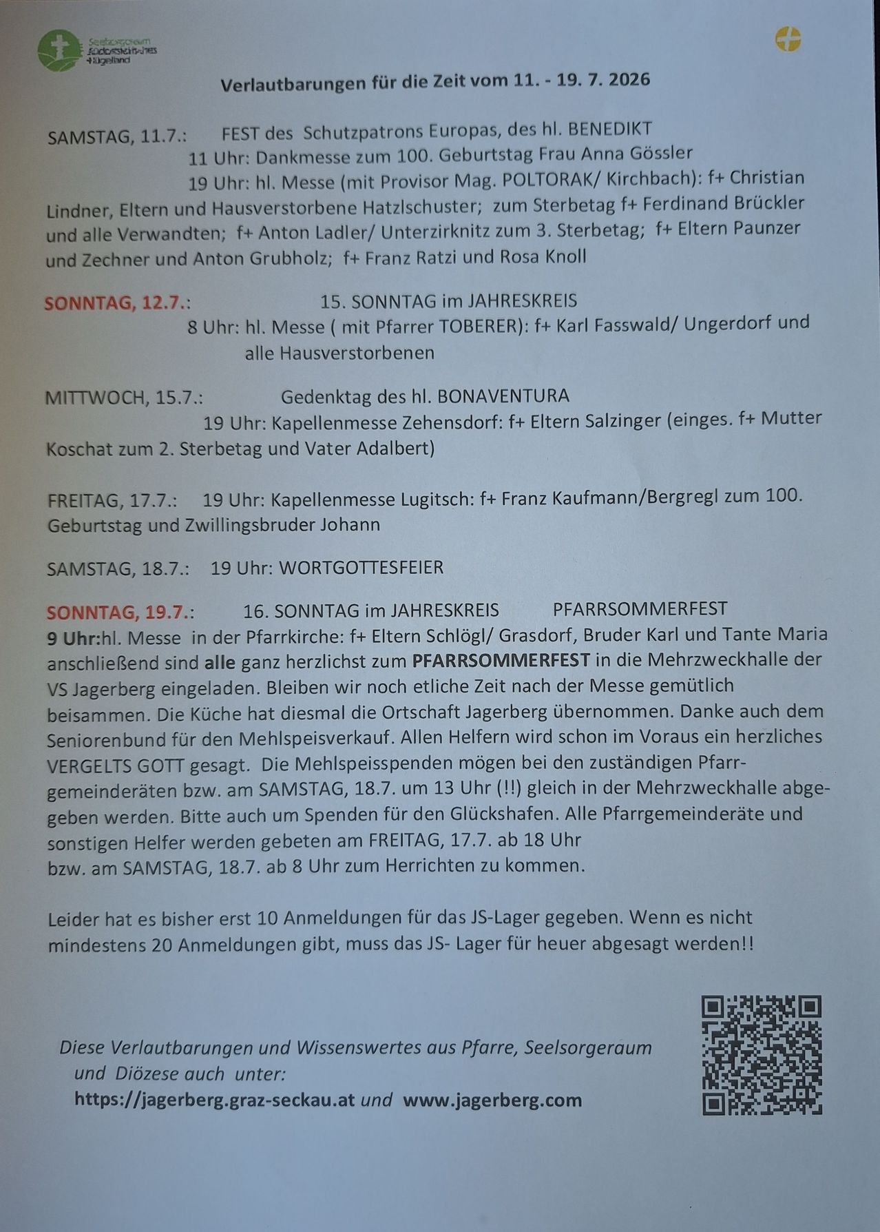 A document with a schedule of church services and events, including masses, prayer services, and festivals, with names of individuals and dates. The document also mentions a youth camp that may be canceled if not enough registrations are received.