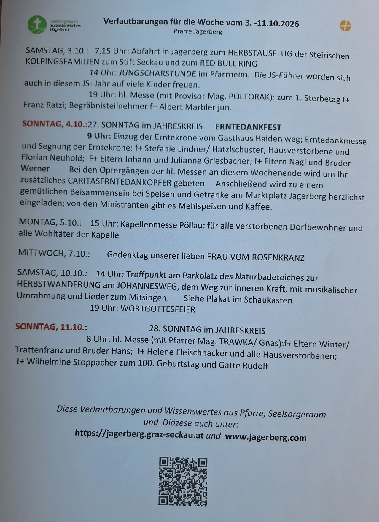 Ein Dokument mit einem Zeitplan für Veranstaltungen in der Woche vom 3. bis 11. Oktober 2026, einschließlich Details zu Gottesdiensten, Zusammenkünften und Feiern in Pfarre Jagerberg.