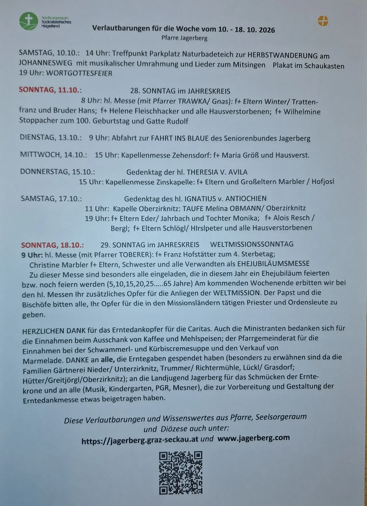 Ein Dokument mit einem Zeitplan für Veranstaltungen in der Woche vom 10. bis 18. Oktober 2026, einschließlich Details zu Messen, Taufen und anderen religiösen Zeremonien.