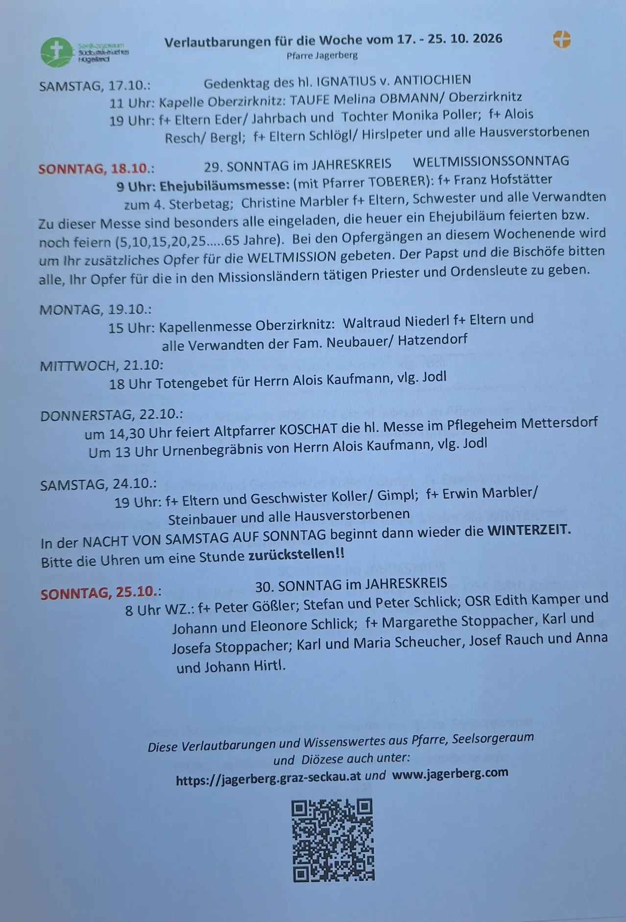 Ein Dokument mit einem Zeitplan für religiöse Dienste und Messen für die Woche vom 17. bis 25. Oktober 2026.