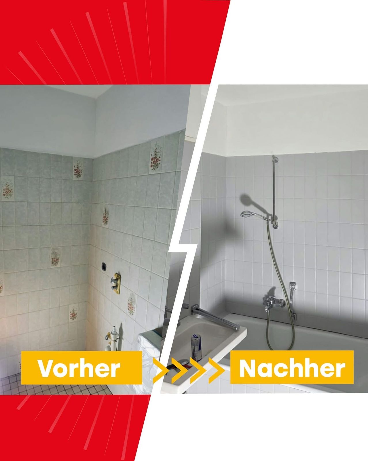A bathroom before and after renovation. Before shows tiled walls with floral patterns, and after shows clean white tiles.