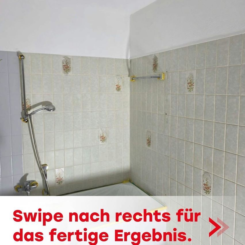 A bathroom with floral-patterned tiles and a bathtub. A shower head and faucet are installed on the left. The text reads 'Swipe to the right for the finished result.'