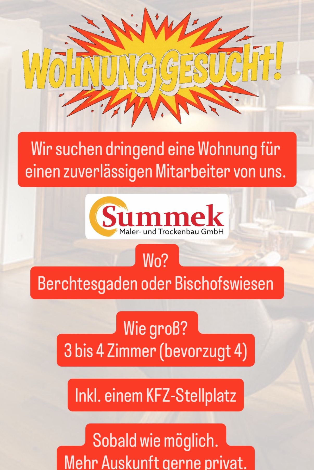 An advertisement for a reliable employee housing in Berchtesgaden or Bischofswiesen, with a preference for 4 rooms, by Summek Maler- und Trockenbau GmbH.