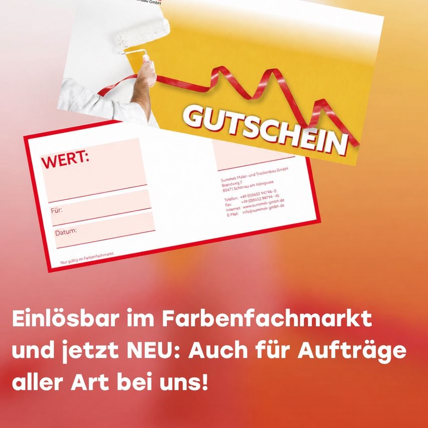 A promotional image for a voucher, featuring a hand painting a wall with a ribbon and a voucher form below. The text reads 'Gutschein' and 'Einlosbar im Farbenfachmarkt und jetzt NEU: Auch fur Auftrage aller Art bei uns!'.