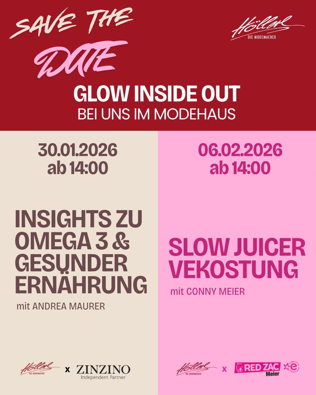 Poster with two events. Left side has 'Insights on Omega 3 & Healthy Nutrition' with Andrea Maurer on 30.01.2026 at 14:00. Right side has 'Slow Juicer Detox' with Conny Meier on 06.02.2026 at 14:00.