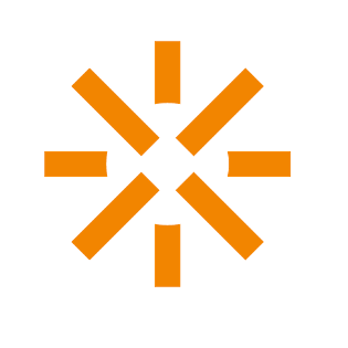 Ein orangefarbenes sternförmiges Symbol auf weißem Hintergrund. Es hat acht Spitzen und einen zentralen Kreis.