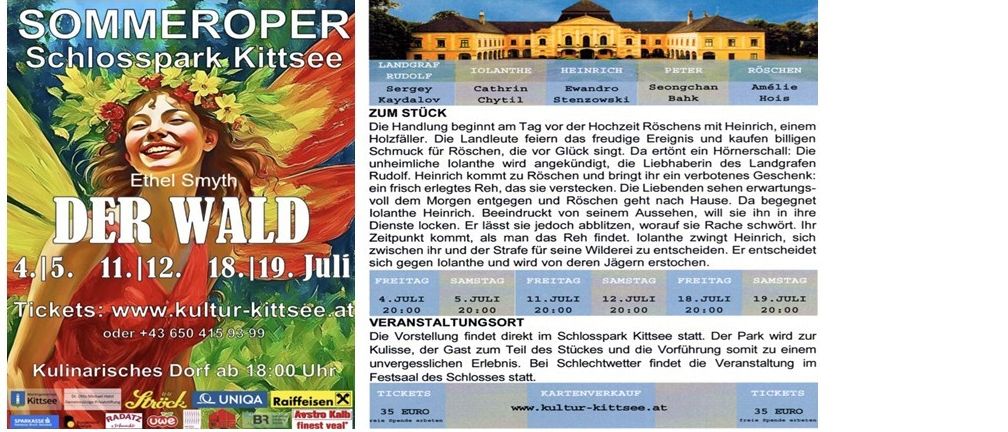 Eine Werbung für eine kulturelle Veranstaltung im Schlosspark Kittsee, die eine Frau mit Blumen im Haar zeigt. Der Zeitplan enthält Aufführungen an verschiedenen Juli-Terminen. Die Veranstaltung findet direkt im Schlosspark Kittsee statt, mit Tickets zu einem Preis von 35 Euro.