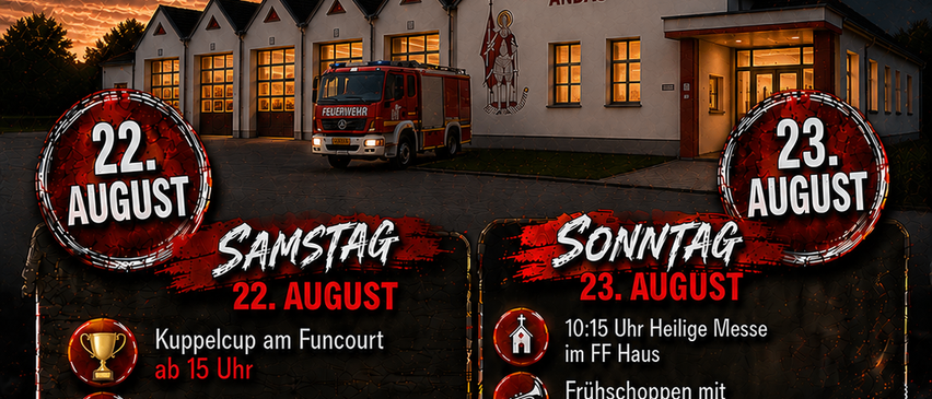 Plakat für eine Gemeinschaftsveranstaltung bei der Feuerwehr Andau am 22. und 23. August. Zeigt einen Feuerwehrwagen, eine Kirche und verschiedene Aktivitäten.