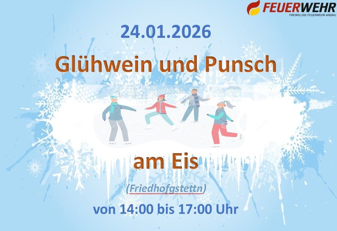 Plakat für eine Eislaufveranstaltung am 24.01.2026 mit Menschen beim Eislaufen, Getränken, Schnee und Häusern im Hintergrund.