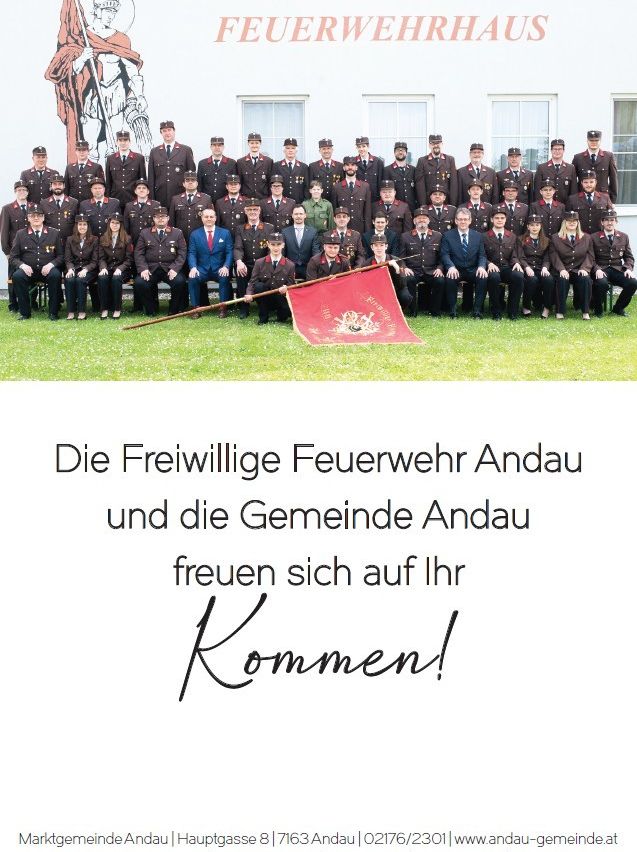 Ein Gruppenfoto der Freiwilligen Feuerwehr Andau und der Gemeinde Andau, die sich auf Ihren Besuch freuen.