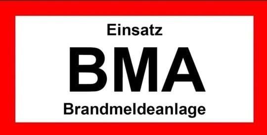 A red and white sign with black text. It reads 'Einsatz' at the top, 'BMA' in large letters in the middle, and 'Brandmeldeanlage' at the bottom.