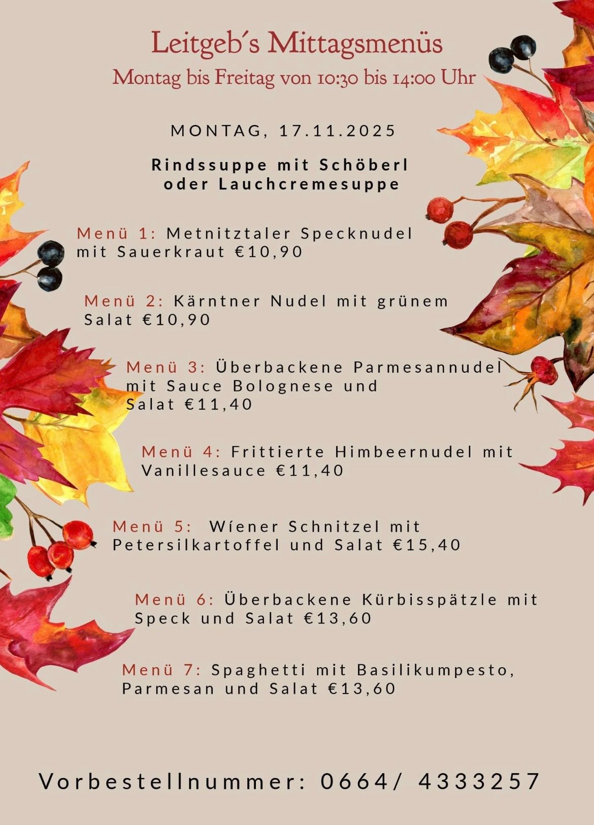 Menu of the day for November 17, 2025. Includes options like smoked bacon noodle with sauerkraut, Carinthian noodle with green salad, and others. Each dish priced accordingly.