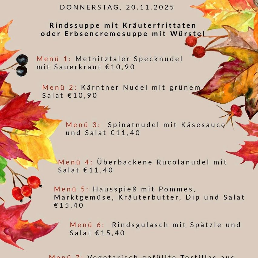 A menu for Thursday, November 20, 2025. Options include beef soup with herb dumplings or pea cream soup with sausage. Menu items range from meat dumplings with sauerkraut to vegetarian-filled tortillas.