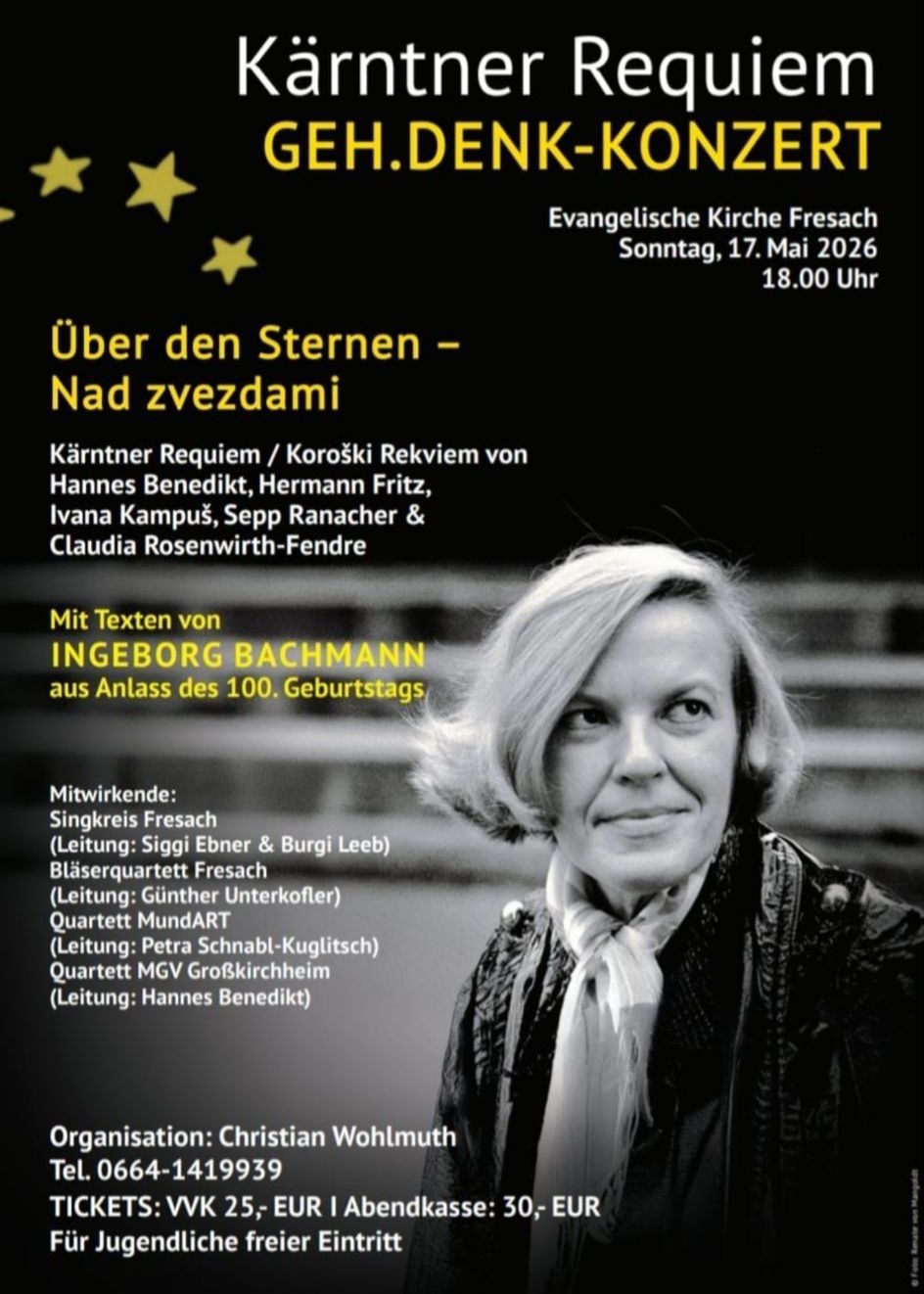 Ein Plakat für ein Konzert in Fresach. Es zeigt ein Foto einer Frau, Text auf Deutsch und eine Liste der Musiker. Das Ereignis ist am Sonntag, 17. Mai 2026.