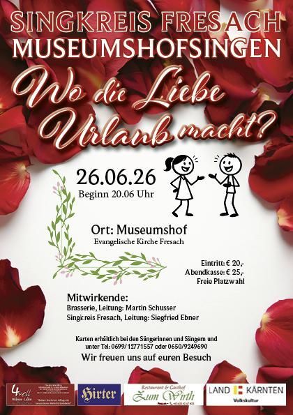 Plakat für eine Singkreisveranstaltung in Freschach. Veranstaltungsdetails umfassen Datum, Uhrzeit, Ort und Ticketpreise. Es zeigt ein Paar, das über Liebe spricht, und Rosen im Hintergrund.