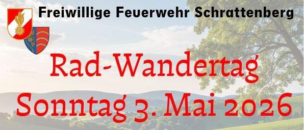 Plakat für eine Rad- und Wanderveranstaltung am Sonntag, 3. Mai 2026. Details umfassen Startzeit, Entfernung und Attraktionen.