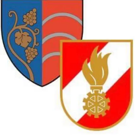 Zwei heraldische Schilde nebeneinander. Der linke Schild ist blau und rot mit einer Weinrebe und Trauben. Der rechte Schild ist rot und weiß mit einem goldenen Feuer und Zahnraddesign.