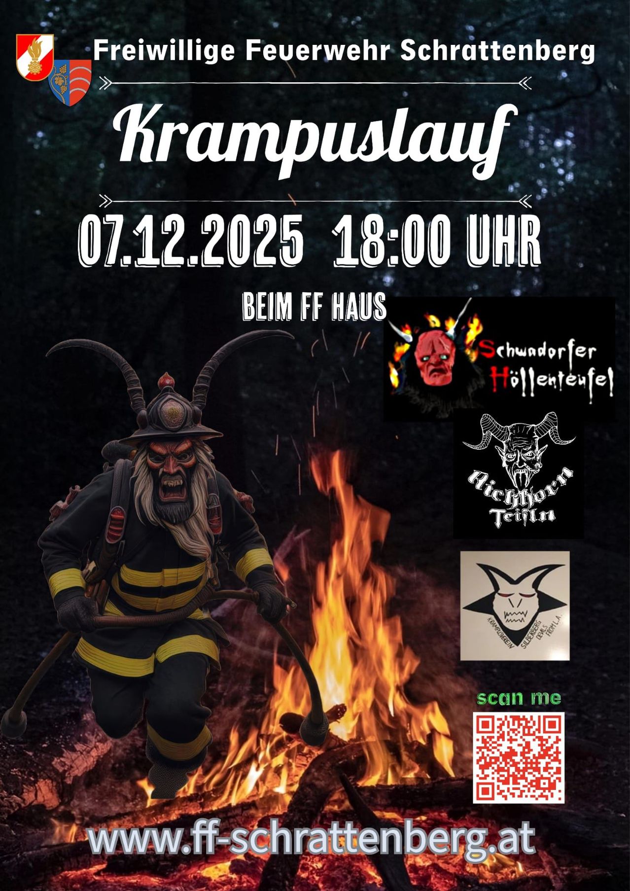 Plakat für das Krampus Day Event am 07.12.2025 um 18:00. Das Plakat zeigt einen Feuerwehrmann in einem gehörnten Helm, der auf ein Lagerfeuer zuläuft, mit verschiedenen Bandlogos und einem QR-Code zum Scannen.