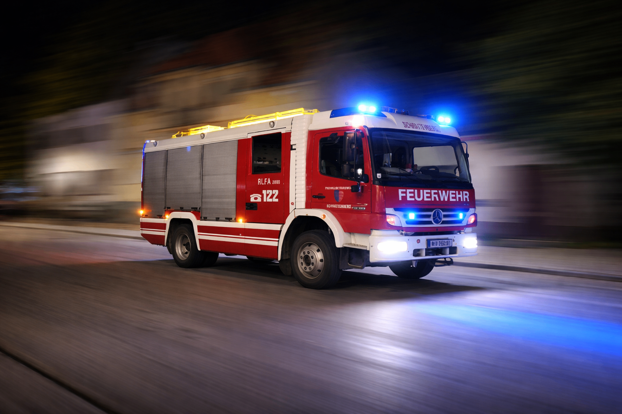 Ein roter Feuerwehrwagen mit blauen Lichtern auf dem Dach und vorne fährt nachts auf der Straße.