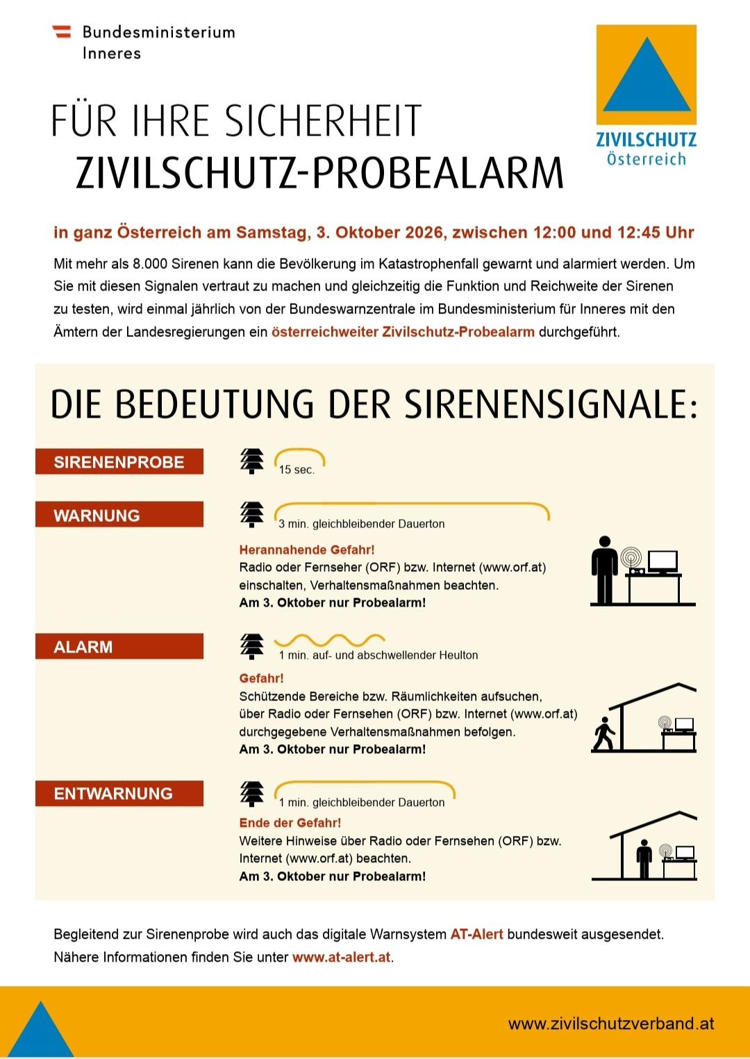 Ein Informationsposter des österreichischen Bundesministeriums des Inneren über einen Zivilschutzalarmtest, der für den 3. Oktober 2026 geplant ist.