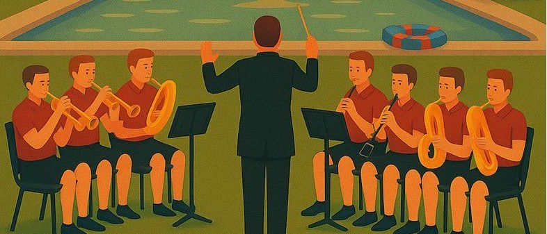 Ein musikalischer Sommerabend mit dem Musikverein. Datum: 05. Juni 2026. Beginn: 19:00 Uhr. Ort: Freibad Leutschach. Eintritt: Freiwillige Spenden. Illustration einer Band, die in der Nähe eines Pools auftritt.