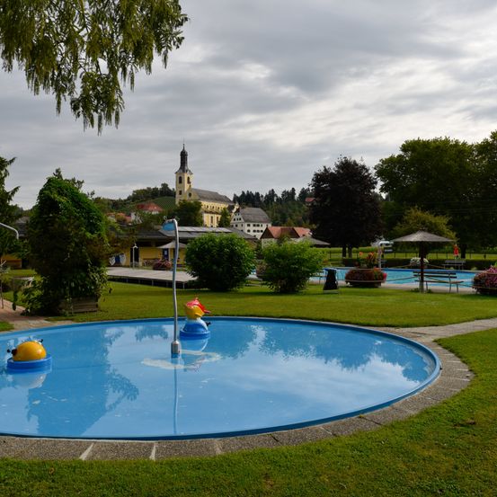 Ein großer blauer runder Pool befindet sich in einem Park mit einer Entenfigur und einer Wasserfontäne. Hinter dem Pool befinden sich Bäume, Pflanzen und ein großes Gebäude.