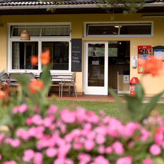 Ein gelbes Gebäude mit einem Schild, das 'Treadmill Lauf' liest. Ein Schreibtisch, Stühle und Blumen sind draußen. Die Tür hat eine Glasscheibe. Das Gebiet hat einen Rasen.