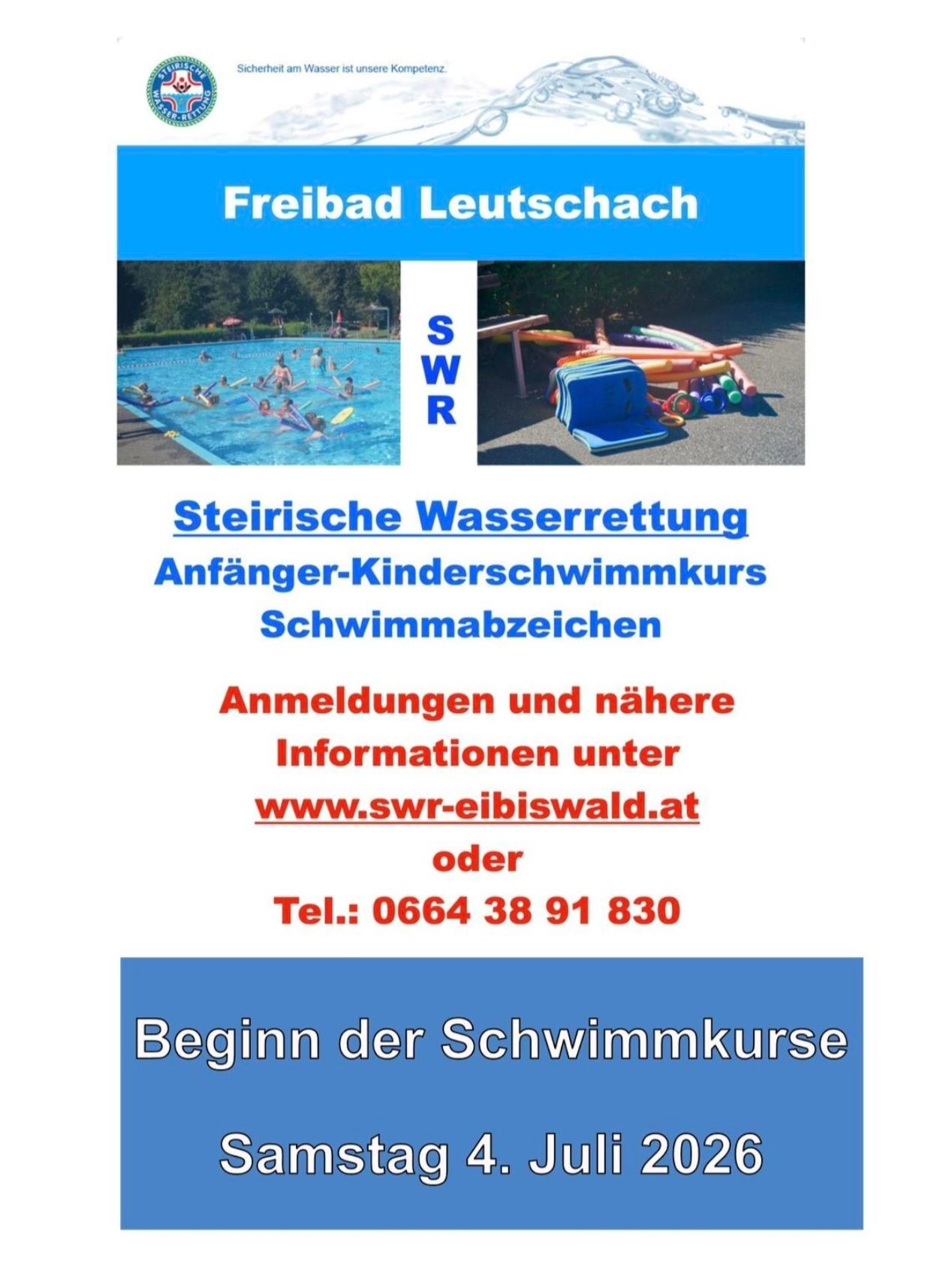 A flyer for swimming courses. It shows a pool with people swimming and equipment on the ground. It has a website and phone number for registration.