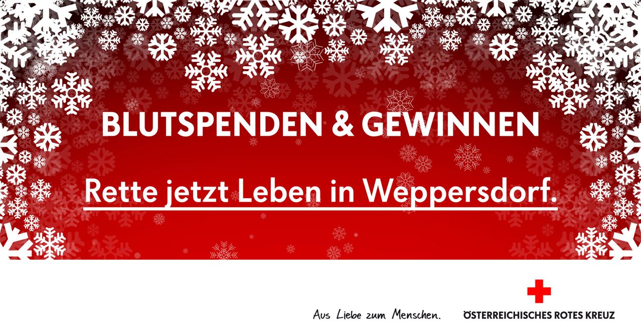 Ein roter Hintergrund mit weißen Schneeflocken, der Text 'UTSPENDEN & GEWINN'. Darunter steht 'e jetzt Leben in Weppers', gefolgt von 'Aus Liebe zum Menschen.' Darunter befindet sich das 'OSTER'-Logo.