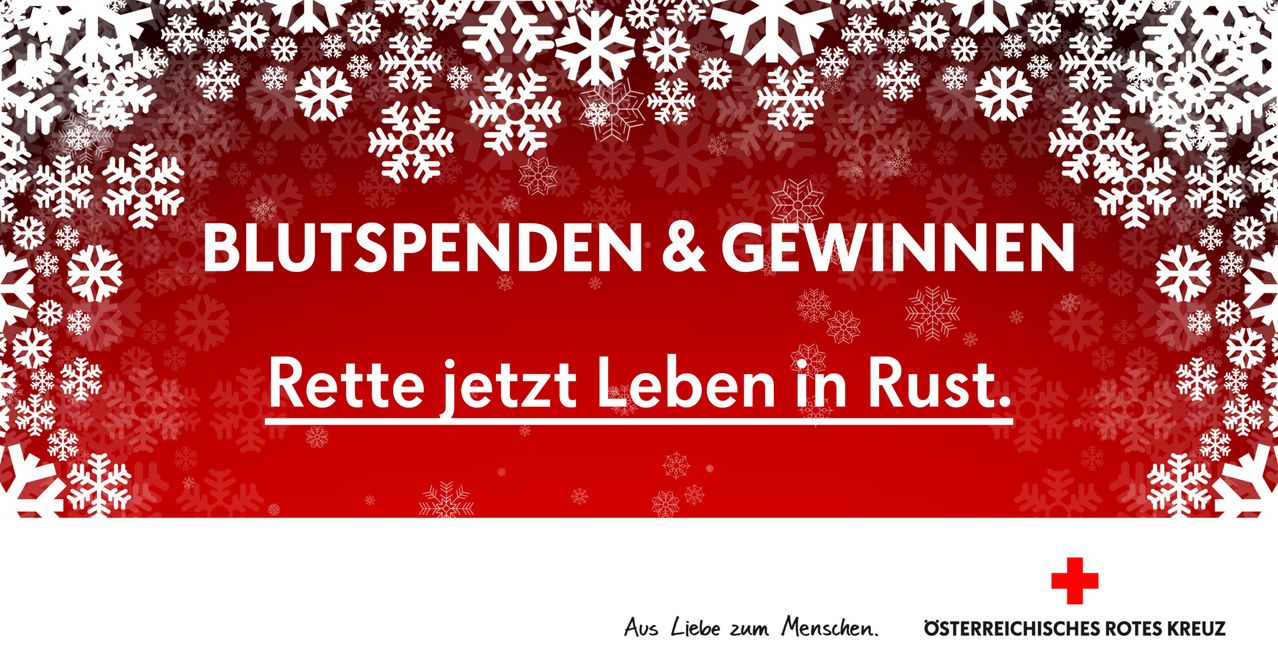 Ein festlicher roter Hintergrund mit Schneeflocken. Der Text lautet 'Ausgehängt & Gewinne' und 'Lebe jetzt in Rust'. Der Slogan 'Aus Liebe zum Menschen' ist vorhanden. Unten ein Oster-Logo.