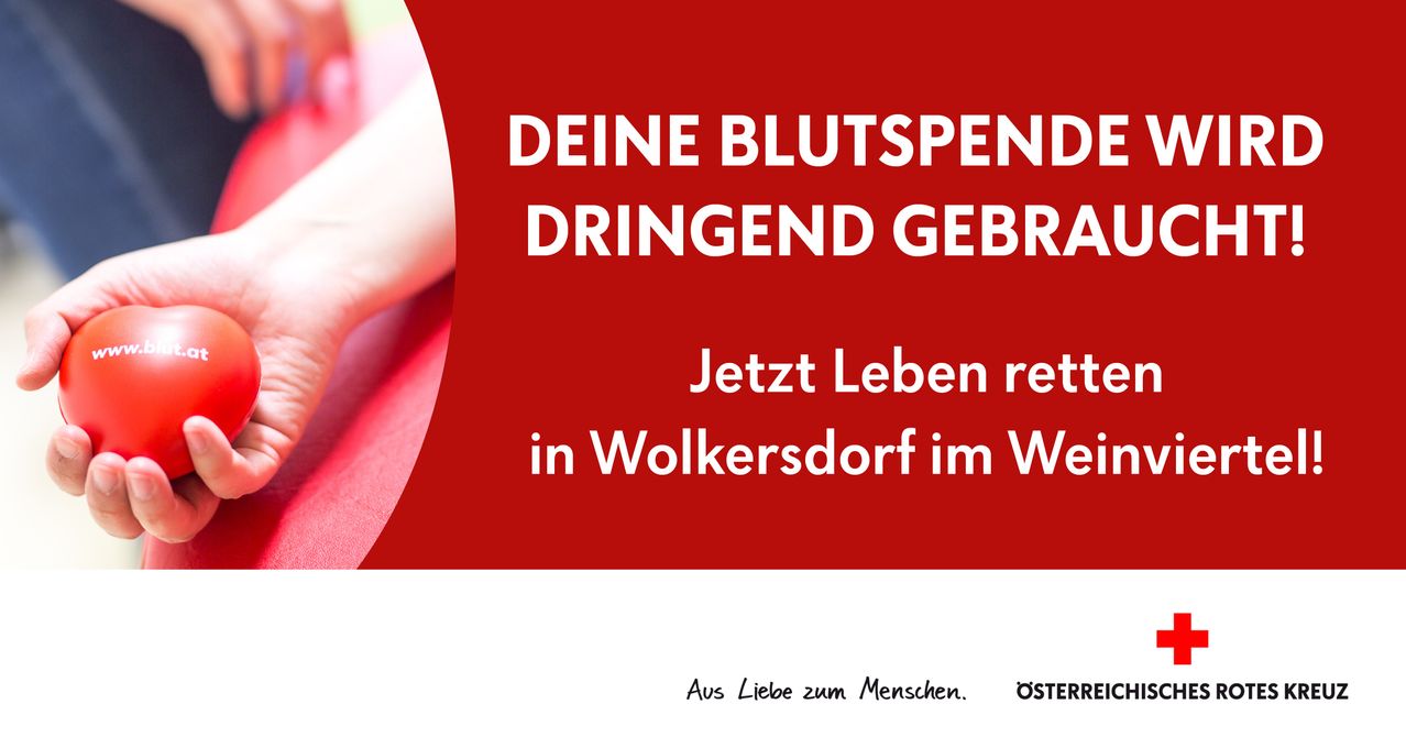 Red banner with text 'Your blood donation urgently needed. Save lives now in Wolkersdorf.' Hand on red background.