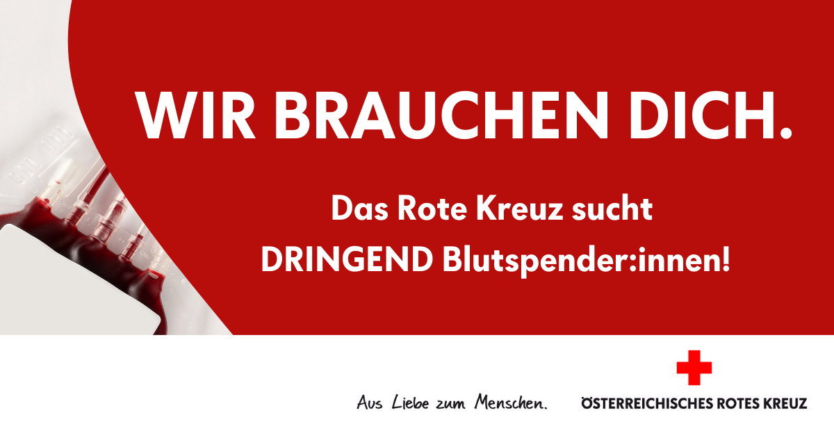 The Red Cross urgently needs blood donors. The image shows a blood donation campaign with a red background.