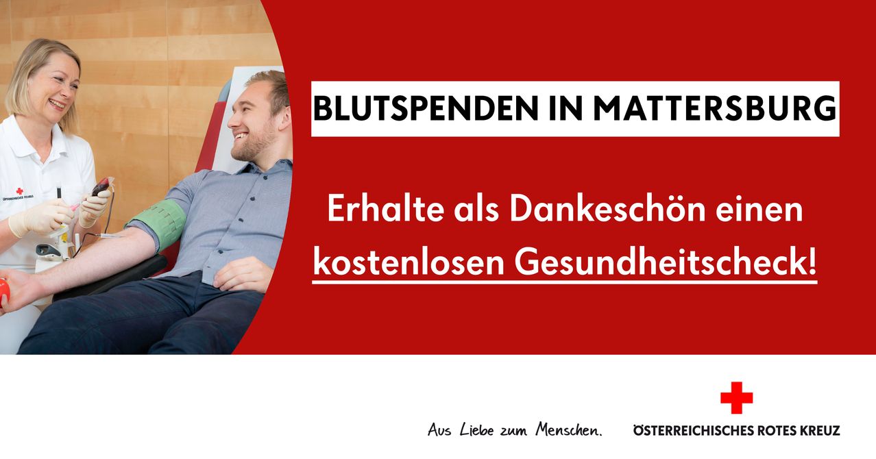 A smiling man in a blue shirt and black pants sits on a chair. The text reads 'BLUTPENDEN IN MATT' and 'Erhalte als Dankeschön kostenlosen Gesundheit'. The bottom has a logo and the text 'Aus Liebe zum Menschen.'