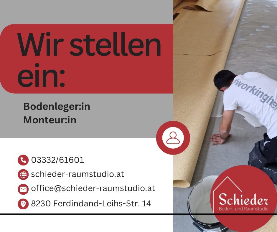 Eine Person verlegt Bodenbelag. Kontaktieren Sie Schieder-Raumstudio unter 03332/61601 oder office@schieder-raumstudio.at. Adresse: Ferdinand-Leihs-Str. 14.